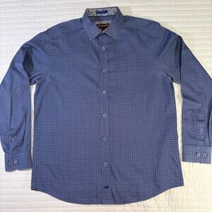 Johnston & Murphy Blue Printed Cotton Long Sleeve Shirt Mens Medium